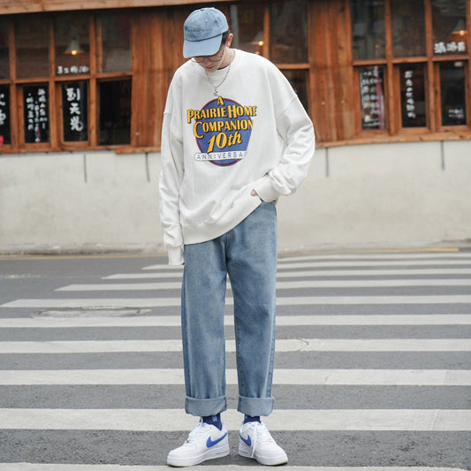 Straight-Leg Jeans Washed Retro Teen Trendy Curled Daddy Wide-Leg Trousers