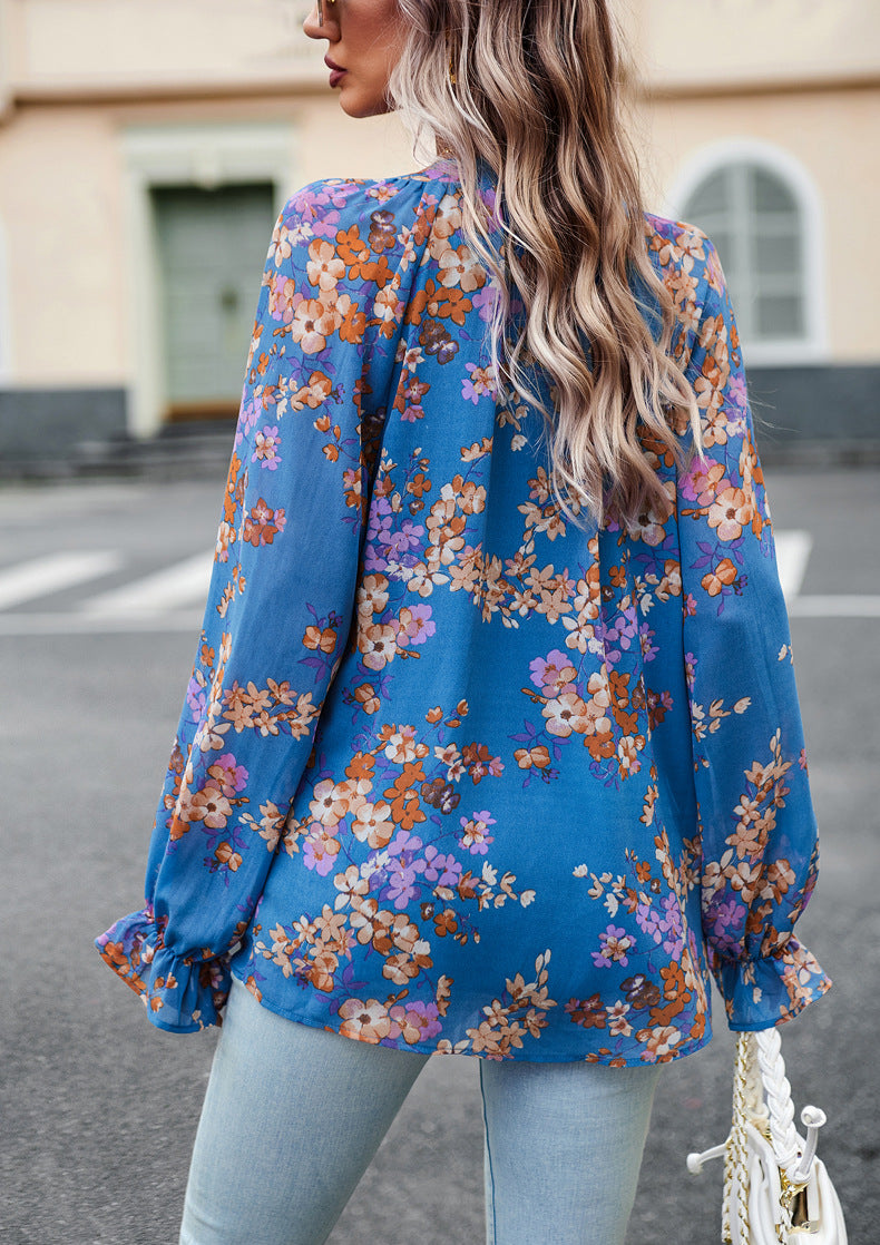 Casual Floral V‑Neck Blouse
