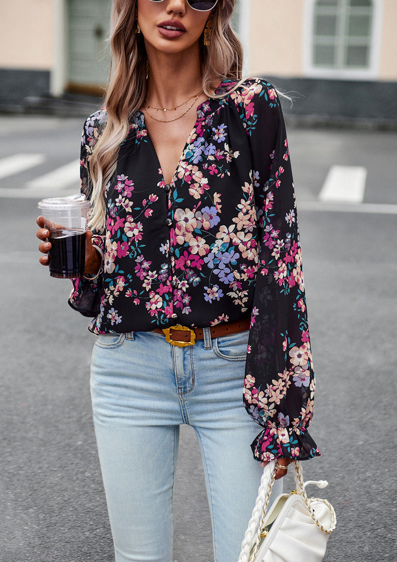 Casual Floral V‑Neck Blouse