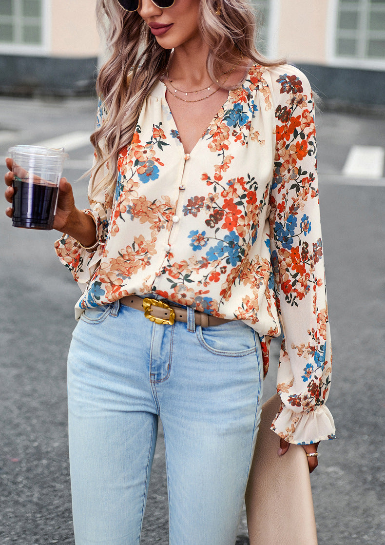 Casual Floral V‑Neck Blouse