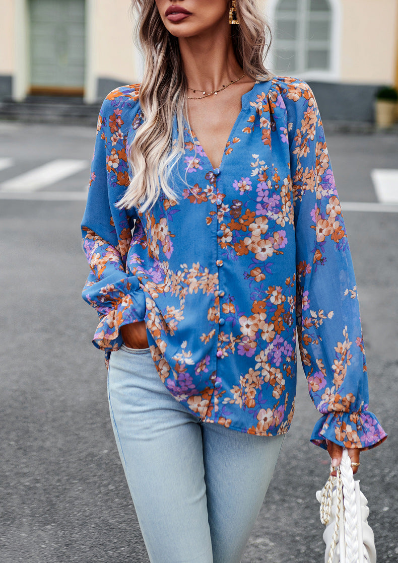 Casual Floral V‑Neck Blouse