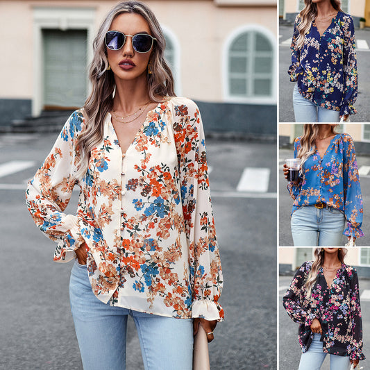 Casual Floral V‑Neck Blouse