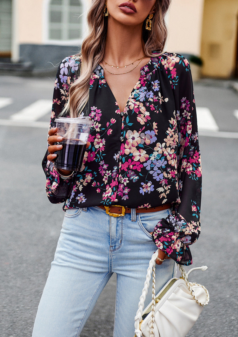 Casual Floral V‑Neck Blouse