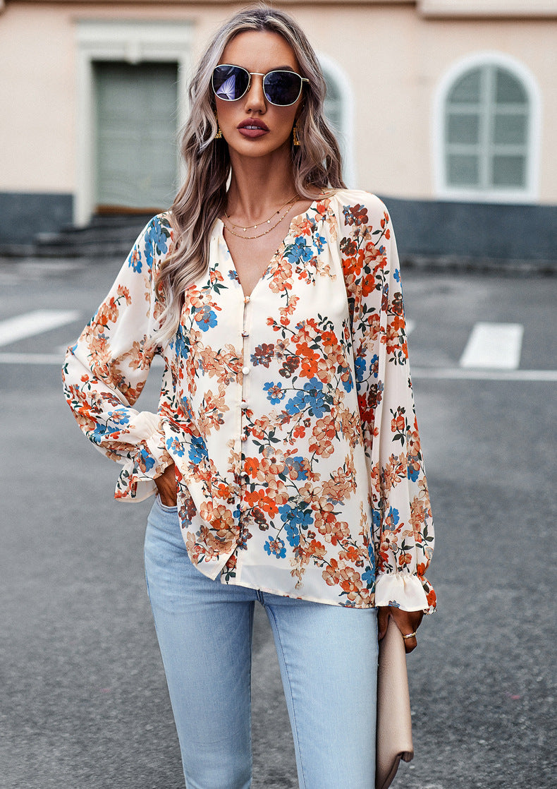 Casual Floral V‑Neck Blouse