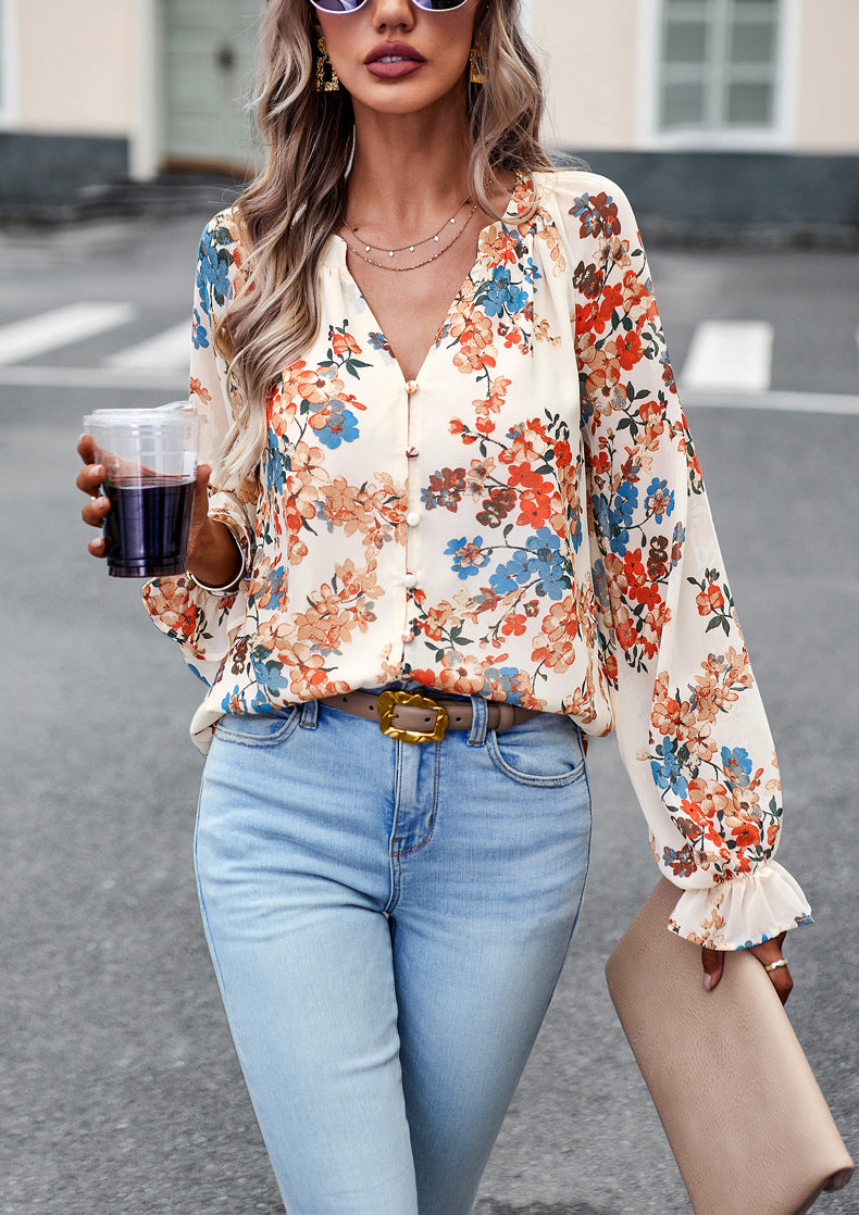 Casual Floral V‑Neck Blouse
